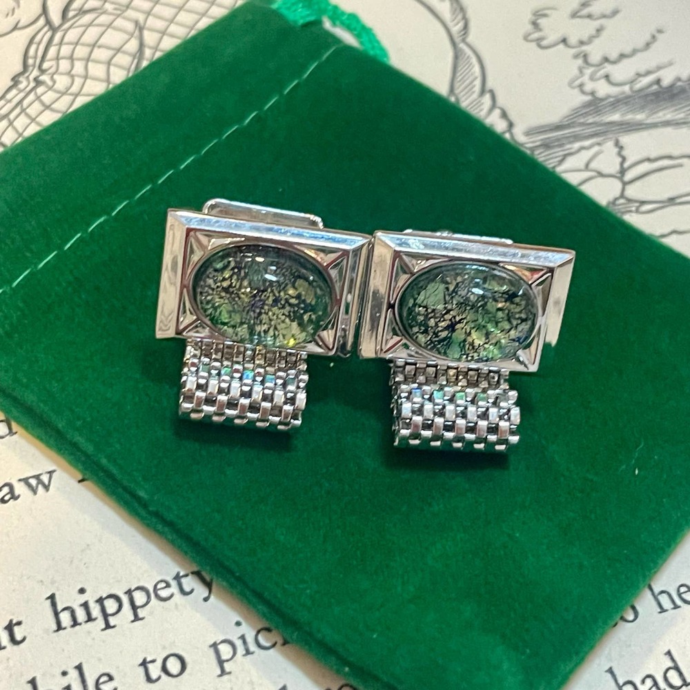 Vintage Dante Wrap Around Cufflinks Silver-Toned & Green Formal Suit Accessory